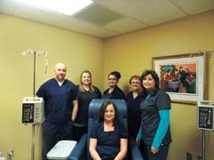 The friendly faces of Oklahoma Cancer Specialists and Artesian Cancer Center @ Claremore: (L to R) David VanDuyn, Stephanie Davis, Shauna Clifton, Linda Willis, Debbie Mills, and 
Karen FinCannon (seated).