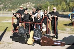 The New Christy Minstrels after doing a show in Missoula, Montana (L to R): Randy Sparks, founder, Pete Henderson, Eddie Boggs, Dave Deutschendorf, Dolan Ellis, Becky Jo Benson, Jennifer Lind and Greg O\'Haver, with Vecca the show dog.