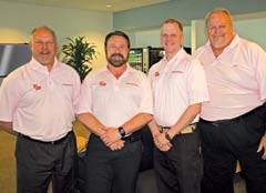 The Fowler Chevrolet “Turn Tulsa Pink” service team includes (L to R): Service Manager Jeff Cantrell and Service Consultants David Brock, Eric Bowman and Bill Dewil.