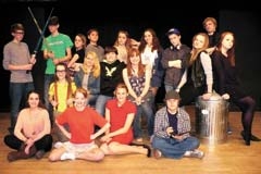 The cast of Spotlight Children's Theatre's &quot;Godspell&quot; (L to R): (front row) Anna Myers, Erika Ralls, Kayce McWhorter, Ethan Kocsak, (middle row) Rachael Thomas, Stormie Thomas, JonPaul Aday, Marissa Fulbright, (back row) James MacLeod, Peyton Grufik, Katy Craig, Mason Pitts, Fallon Cochlin, Samantha Fee, Zach Johnson, (by trash can) Heidi Newberry, Daniel Newberry, and Mattie Scott.