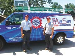 Like father, like sons: ready to service your heating and air conditioning systems throughout the Tulsa metro area are brothers Jordan (left) and Colton Rader, who are licensed technicians for the family-owned Aire Serv of South Tulsa. The two men and a younger brother, Ethan, grew up in the heating and air conditioning business, just like their father Randy, who learned the 
business from his father.
