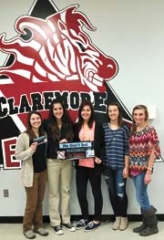 (L to R): Emma Girdner, Miriam Geppelt, ORU nursing students, Brittany Rogers, Ashley Rogers, and Ashley Henry, Claremore High School SADD (Students Against Destructive Decisions) club members. 
