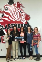 (L to R): Emma Girdner, Miriam Geppelt, ORU nursing students, Brittany Rogers, Ashley Rogers, and Ashley Henry, Claremore High School SADD (Students Against Destructive Decisions) club members. 