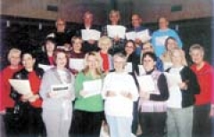 The Claremore Community Chorus (L to R): (front row) Barbara Morgan, Kay Patterson, Donna Nickols, Martha Vandiver, Jan Deffenbaugh, Roz Burger, Mary Jo Rostek, (middle row) Bonnie Paul, Ruth Mathews, Grace Cox, Elissa Ericksen, Phyllis Ericksen, Letitia Keene, Jeanette Maxfield, pianist, (back row) Ken Skidmore, Charlie Keene, Joe Maxfield, Clyde McClendon and Jim Patterson. (Not pictured: Director Vicki McCuistian, Nancy Dorias, Jean Skyes, Kenny Puffer, Dan Luther, and Sally Karlovitz.)