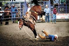 A Green Country Classic Ranch Rodeo competitor hits the dust during last year’s bronc riding competition.