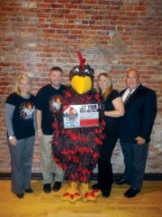 Kristi Brooks and Kris Hadley from TTCU the Credit Union, Roscoe T. Rooster, and April Sailsbury and Wes Smithwick from the Broken Arrow Chamber of Commerce.