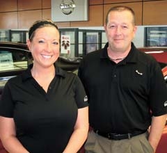 Bob Moore Nissan Parts Manager Tammy Medina and Fixed Operations Manager Jarrett Rector appreciate the special attention the dealership gives to serving customers and non-profit 
organizations within the Tulsa area.