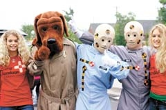 McGruff the Crime Dog with crash test dummies and ­Immanuel Christian Academy students at Camp Bandage.