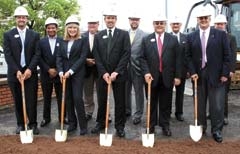 The AVB Bank executive management team and city dignitaries at the groundbreaking ceremonies on May 8, 2014 (L to R): AVB Bank President/CEO Ted Cundiff, Broken Arrow City Manager Thom Moton, Chairperson of the Board Kelley Rash, President/CEO of Broken Arrow Chamber of Commerce Wes Smithwick, Chief Lending Officer Topper Causby, Pastor Joe Cook of Hope Church, Chief Financial Officer Doug Brinsfield, Former Broken Arrow Superintendant of Schools Dr. Clarence Oliver, Chief Credit Officer Javier Gamarra, and Broken Arrow Mayor Craig Thurmond.