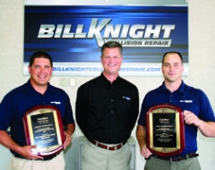Bill Knight Collision Repair is the 2011 recipient of the Farmers Insurance Repair Facility of the Year Award. Knight (center) is shown with Body Shop Director Dustin McElyea and Farmers Estimator Aaron Jenkins.