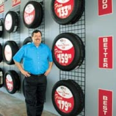 Fixed Operations Director Mike Griffin with some of the great tires now available at South Pointe Chrysler Jeep Dodge.