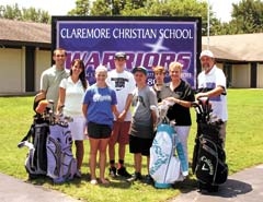 Getting ready for the Claremore Christian School Warrior Scramble Golf Tournament are (L to R): Joel Blair, parent; Jessica Blair, 3rd grade teacher; Emily Bell, Mitchell Easterling, Cody Blackburn and Kyle Blackburn, students; and Jean and Tommy Williams, school board members.