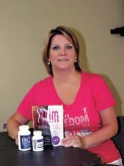 Sheila Urbonas displays three of the products offered by Plexus to help those who need help controlling their blood sugar and are on the road to a healthy lifestyle.