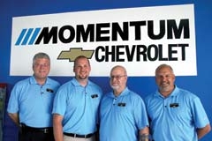 Momentum Chevrolet of Broken Arrow is the new name of Speedway Chevrolet. General Manager David Norton (left) is shown with Momentum service department staff members Jake Tudor, Andy Boyce and Parts and Service Director Jeff Cantrell. (Not pictured: Russell Pearson and Barry Bowles.)