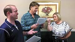 Opal Guatney (played by Misty Edwards-Matheson) lays down the house rules to Kenny (played by David Baron, left) and Quentin (played by Mark Karlovitz) if they are going to be boarders in their house. They are rehearsing for “The Guatney Sisters of Neosho Falls” murder mystery dinner theatre that will take place on the First United Methodist Church of Claremore on Friday, September 19.