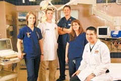 A few members of the ER staff at OSU Medical Center (L to R): Shelly Prince, RN; Mark E. Blubaugh, D.O.; Greg Stremel, RN; Melissa Shaw, RN; and Dennis E. Blakenship, D.O, Medical Director, ER Dept.