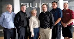 The Marc Miller Buick GMC Service Team (L to R): Gary Howell, service director and ­master technician; Gregg ­Walton, service manager; and Service Consultants Colleen Bail, Scott Nobles, Mitch Fields and Robert Murray.
