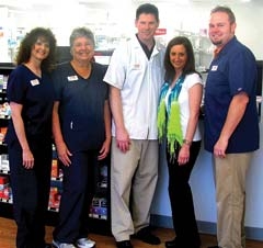 Friendly, prompt customer service is a hallmark of Bennett’s Route 66 Pharmacy. (L to R): Cheryl Sumpter, Mary Coulter, Jared Bennett, Stephanie Bennett and Matt Williamson. (Not pictured: Blake Richardson.)