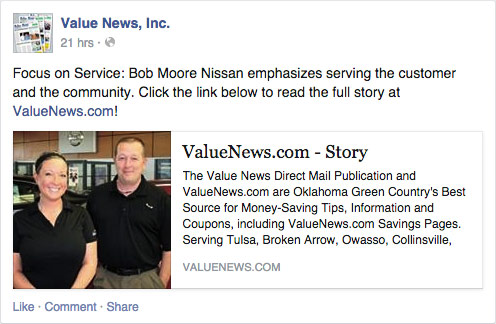 Value News facebook feature for Bob Moore Nissan.