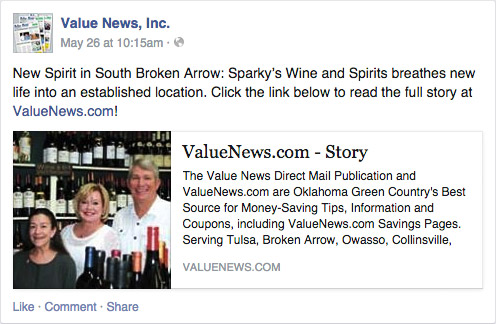 Value News facebook feature for Sparky's Wine and Spirits.